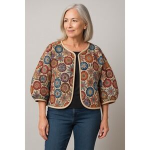 Blue Velvet Boho Floral Tapestry Puff Sleeve Cropped Jacket Size L NWT